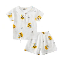 Cotton And Linen Short Sleeve Shorts Suit Round Neck Cartoon Printing