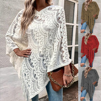 Women's Knitted Crocheted Hollow Irregular Tassel Pullover Sweater
