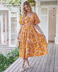 Digital-Print Bohemian Floral Patchwork Mid-to-High-Waist Dress