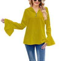 Lotus Leaf Shirt Solid Color T-shirt V-neck Button Women's Top