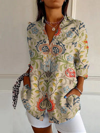 Womens Floral And Green Leaf-print Long-sleeve Blouse