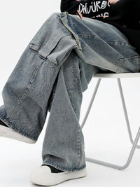Retro Washed Wide Leg Multi-pocket Loose Straight Jeans