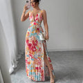 Womens Sexy Deep V-Neck Sleeveless Printed Dress With Slit Hem And Pleats