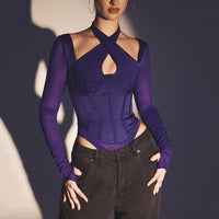 Halterneck Jumpsuit Solid Color See-through Long Sleeves