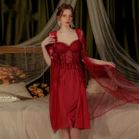 French Deep V Plus Chest Pad Lace Backless Strap Nightdress