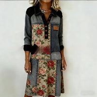 Womens Crew-Neck Pocketed Fashionable Elegant Contrast-Piece Joint Dress