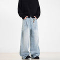 Retro Side Double Oblique Pleated Washed Blue Jeans For Men And Women
