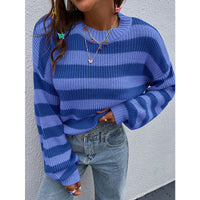 Women's Round Neck Loose Casual Contrast Color Striped Sweater