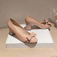 Women's French Style Bow Block Heel Pumps, New 2026 Spring, Comfortable High Heels For Dresses