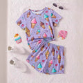 Girls' Purple Ice Cream Cone Small Love Cool Printed Short Sleeve Shorts Suit