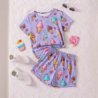 Girls' Purple Ice Cream Cone Small Love Cool Printed Short Sleeve Shorts Suit