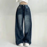Washed Blue Wide-leg Jeans High Waist Loose Straight Long Pants