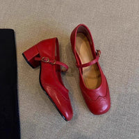 Carved High Heels Female Square Toe Genuine Leather All-match