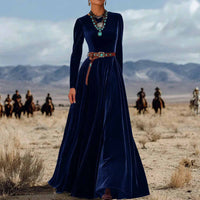 Elegant AutumnWinter Long-Sleeve Western-Style Velvet Dress