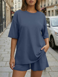 Round-neck Casual Loose-fitting Short-sleeve Shorts Womens Set