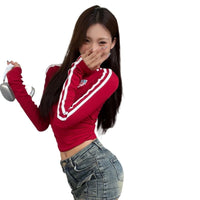 Women's Autumn Red Tight Long-sleeved T-shirt Top