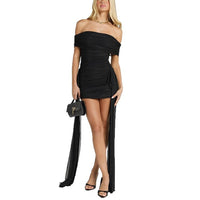 Off-the-shoulder Pleated Flowing Ribbon-fit Mini Dress
