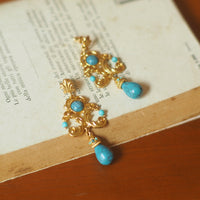 Vintage Palace Style Turquoise Earrings - Handcrafted Floral Carved Drop Earrings