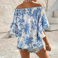 Off-Shoulder Floral Ruffle-Sleeve Womens Short-Sleeve Top