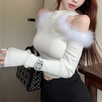 Women's Half-turtleneck Stitching Hollow Out Shoulder-baring Knitwear Top