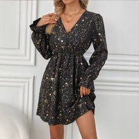 Women's V-Neck Long-Sleeve Sequin-Print High-Waist Casual Dress