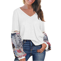 New European And American Autumn And Winter V-neck Waffle Loose Printed Long-sleeved T-shirt