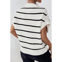 Striped Wool Round Neck Contrast Drop Shoulder Sweater With Short Sleeves