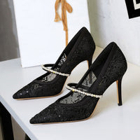 Mesh Rhinestone Pearl Single Strap Stiletto Heels