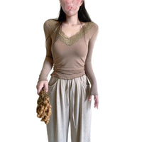 New Womens Demure Lace V-neck Long-sleeve Base Top