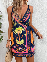 Summer Tropical Print Sleeveless Spaghetti-Strap Lace-Up Dress