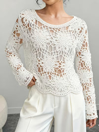 Womens Crochet Hollow-Out Knitted Pullover Top With Long Sleeves