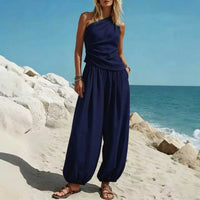 Casual Minimalist Solid-Color Sleeveless Tank Top And Loose High-Waist Pants Set For Women