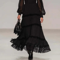 V-neck Spliced Long-sleeve Tiered Skirt Maxi Dress Mesh Dress