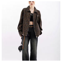 American-style Leopard-Print Lapel Jacket Women's Retro Loose-Fit