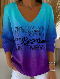 Womens Ribbed V-neck Three-quarter-sleeve Loose-fit T-shirt