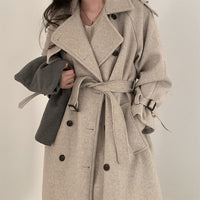 Double Breasted Lace-up Waist-controlled Slimming Mid-length Woolen Coat
