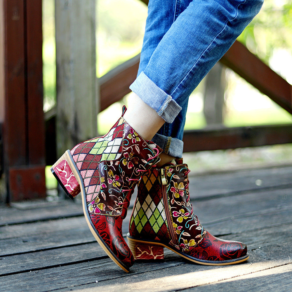 Denim Jacquard Color Matching Fashion Women's Short Boots