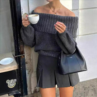 Women's Off-shoulder Simple Pure Color All-matching Lantern Sleeve Knitted Sweater