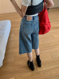 Retro High Waist Denim Water Blue Fifth Wide-leg Pants