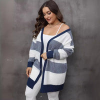 Contrast Color Striped Stitching Woven Casual Sweater Coat