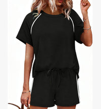 Womens Round-Neck Short-Sleeve Casual Shorts Two-Piece Set