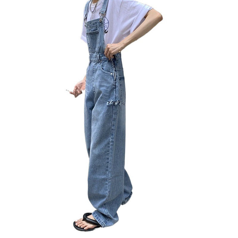 Ripped Denim Suspender Pants Women's Spring Versatile Ins High Waist Straight Wide Leg Mop Trousers Women's