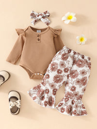 Baby Girl Sunken Stripe Long Sleeve Flared Pants Three-piece Set