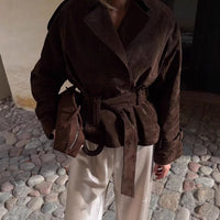 Versatile Instagram Style Retro Lace Up Lapel Long-sleeve Cropped Jacket