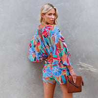 Women's Printed V-Neck Short Sleeve Loose Casual Jumpsuit