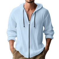 Digital-print Solid-color Linen Hooded Long-sleeve