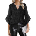 Womens Casual Silver-Thread Mesh V-Neck Petal Three-Quarter Sleeve Loose Top