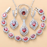 Inlaid Gemstone Pendant Earrings Necklace And Ring For Women 4 PCs Set