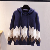 European And American-style Hooded Sweater Loose-fit Diamond-patterned Base Knit Top