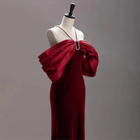 Premium Sense Wine Red Engagement Fishtail Temperament One Line Shoulder Evening Dress